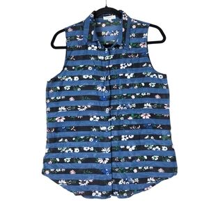 Equipment Femme cotton & silk blend floral stripes sleeveless button down top